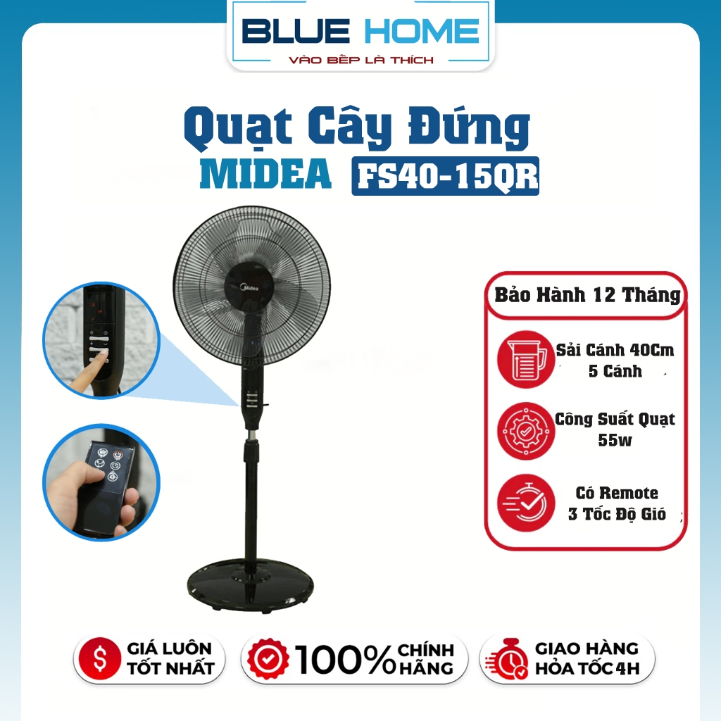 Quạt Đứng Midea FS40-15QR – 55W, 5 Cánh 40cm, Có Remote, 3 Chế Độ Gió