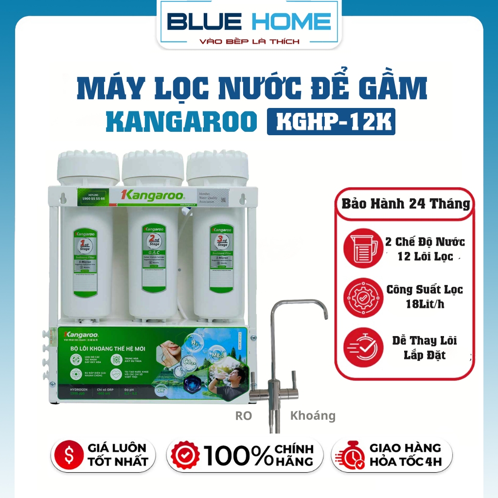 Máy Lọc Nước Kangaroo KGHP12K, 12 Lõi Lọc và 2 Chế Độ Nước Khoáng và RO, Hàng Chính Hãng