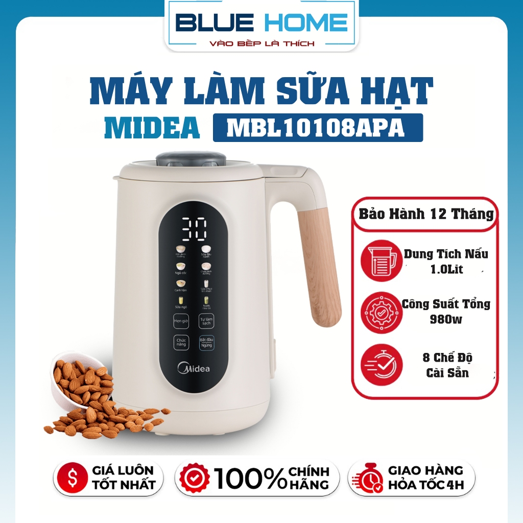 Máy Làm Sữa Hạt Midea MBL10108APA , 1Lit - 800W, Tự Làm Sạch, Cảm Ứng LED, Hàng Chính Hãng