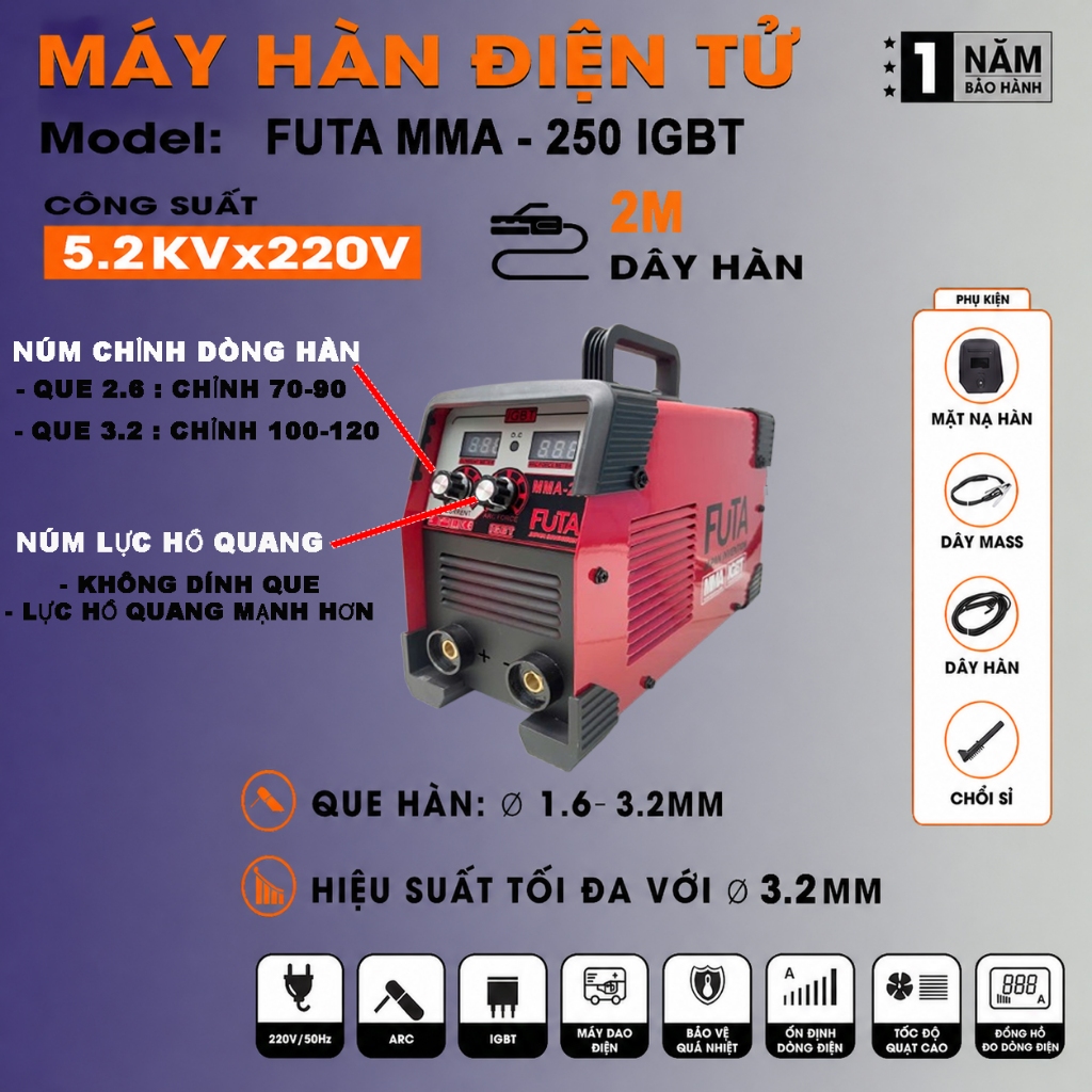 Máy Hàn Điện Tử FUTA MMA250 IGBT 250A Chống Dính Tự Động Mồi Hồ Quang Nhanh