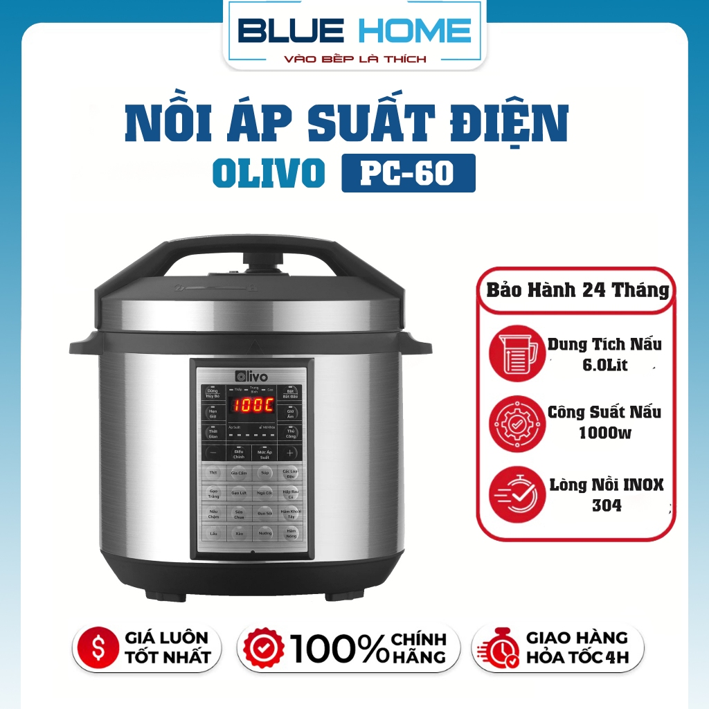 Nồi Áp Suất Điện OLIVO PC60, 6.0Lit -1000w, Lòng Nồi Inox, Hàng Chính Hãng