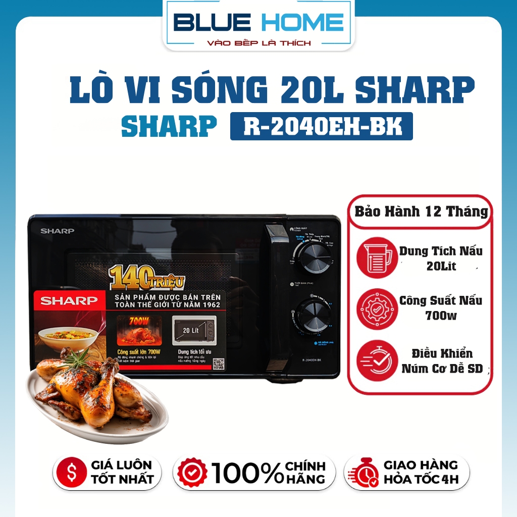 Lò Vi Sóng Sharp 20Lit, Model R-2040EH-BK Công Suất 700w Hàng Mới FullBox, Bảo Hành Chính Hãng 12 Tháng