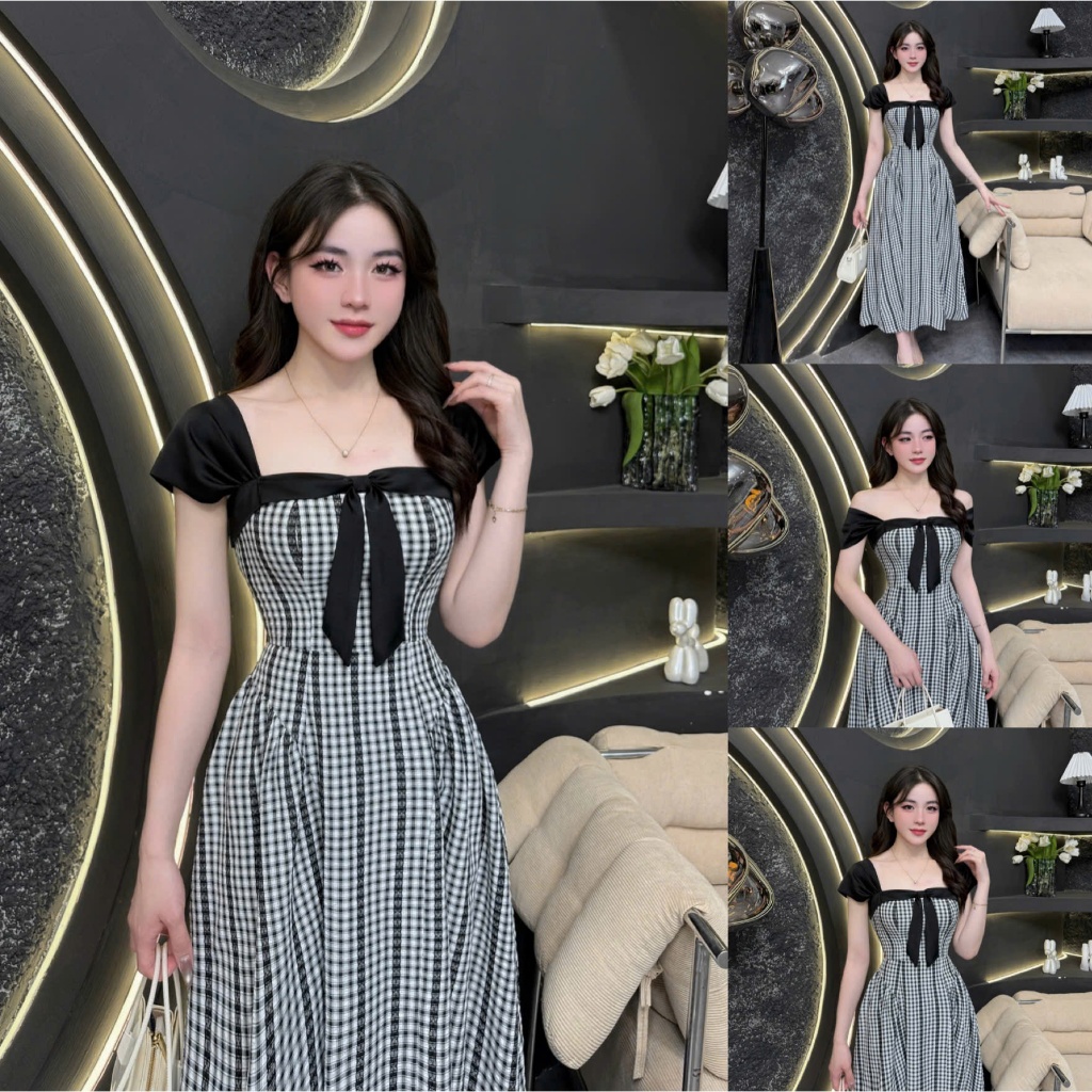 TY124 - Váy Thiết Kế Evii dành cho nữ, Đầm kẻ karo thiết kế hai dây bản to, nơ may liền dáng xòe dài