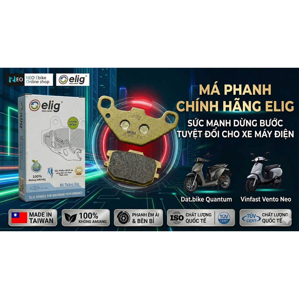 Má phanh (bố thắng) Elig chính hãng cho xe điện Dat.ibike Quantum, QuantumS, Vinfast Vento Neo