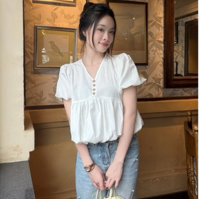 Áo kiểu hottrend nữ cổ V áo bí trẻ trung KENCO Thời Trang Nữ M3003 | BigBuy360 - bigbuy360.vn