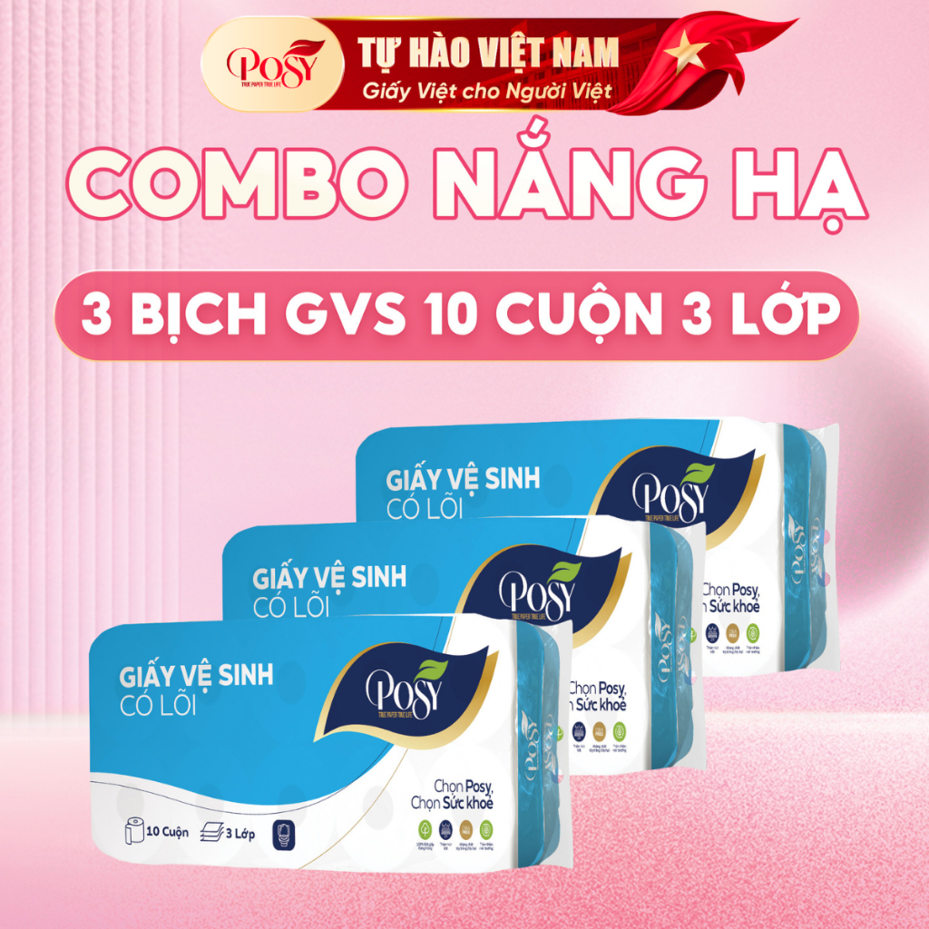 [OUTLET S4] COMBO 3 BỊCH GIẤY VỆ SINH POSY 10 CUỘN 3 LỚP CÓ LÕI/KHÔNG LÕI MỀM MỊN THẤM HÚT DỄ TAN TR