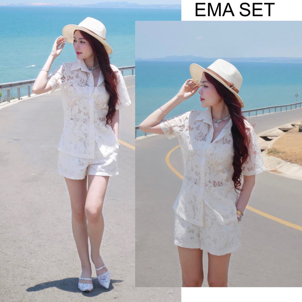 EMA SET- Set ren MÀU KEM tay ngắn sơmi và quần short - ELVES DESIGN