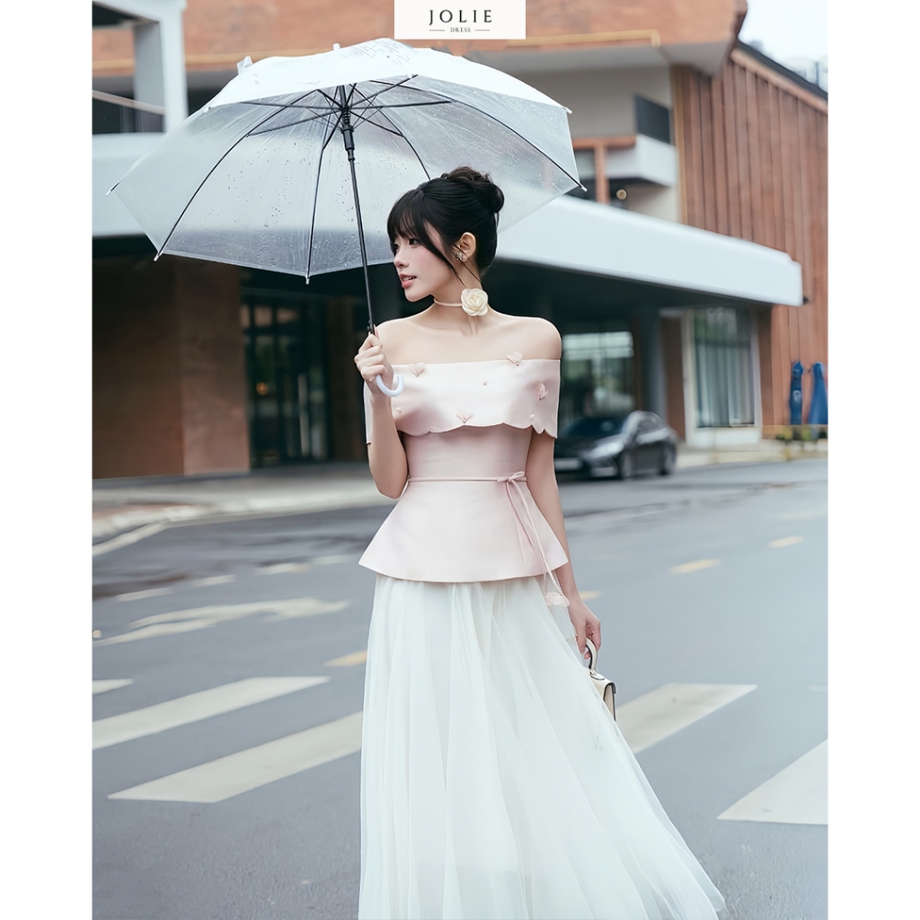 Set Váy Tiểu Thư JOLIE Áo Trễ Vai Tôn Dáng Phối Chân Váy Dài Thanh Lịch Diện Đi Làm, Đi Chơi Đều Hợp