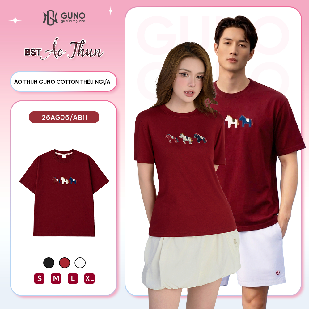 Áo Thun Nam Nữ Thêu Ngựa GUNO Cao Cấp Trơn Màu Cotton Co Dãn 4 Chiều Thoáng Mát SP5 26AG06/AB11 | BigBuy360 - bigbuy360.vn