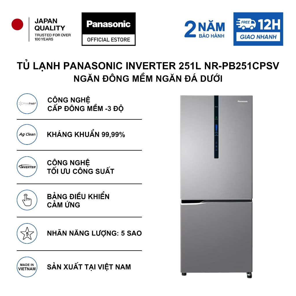 [CHỈ GIAO MIỀN NAM] Tủ lạnh Panasonic Inverter 251L NR-PB251CPSV Ngăn đông mềm Ngăn đá dưới