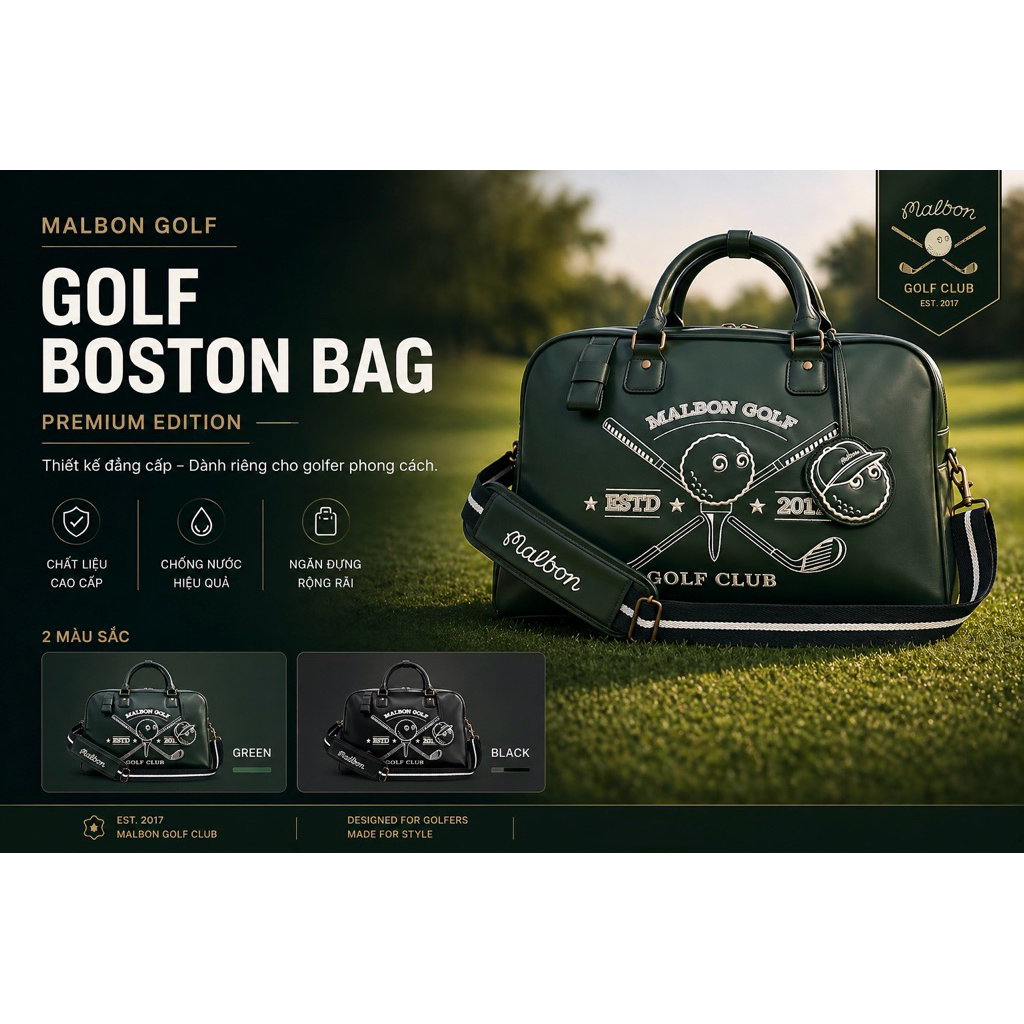 Túi Boston Golf Malbon Cao Cấp – Túi Đựng Quần Áo Golf Da PU, Phong Cách Vintage Sang Trọng ( Malbon