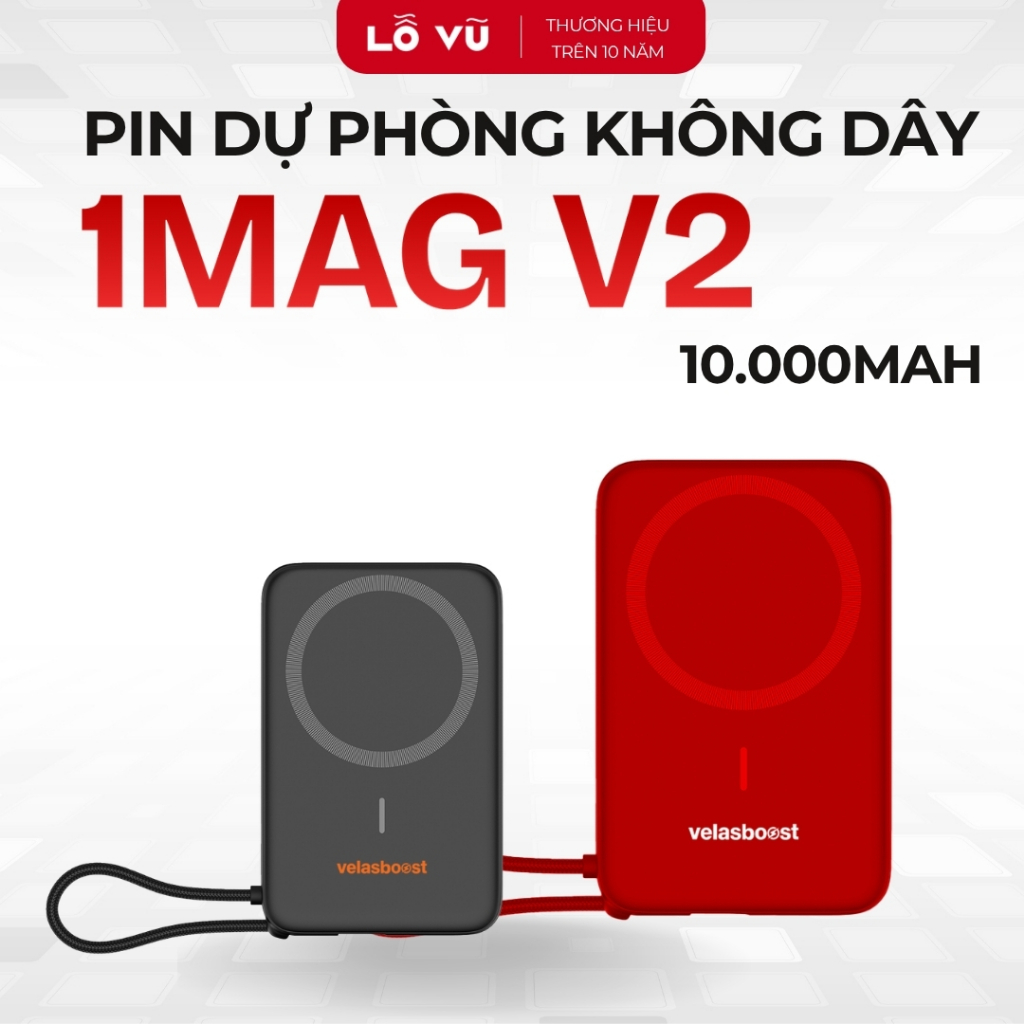 Pin Sạc Dự Phòng 10.000mah Velasboost 1MAG V2, Sạc nhanh 22,5W, Không dây 15W, Dây type C đi kèm - l