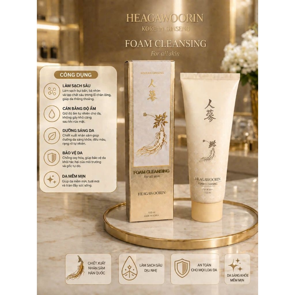 [Tặng Mặt Nạ] Sữa Rửa Mặt Nhân Sâm HEAGAWOORIN Hàn Quốc - Beaushop Giúp Cân Bằng Độ Ẩm Dưỡng Trắng Da