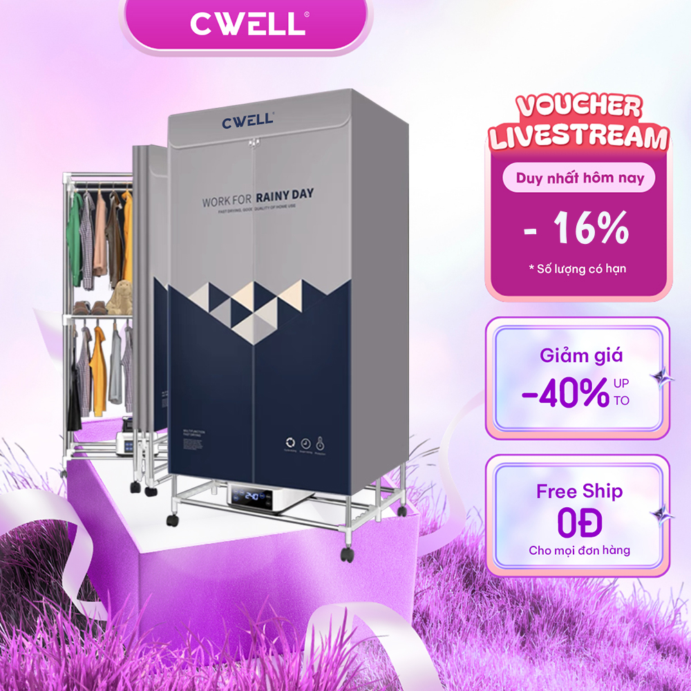 Tủ sấy quần áo CWELL D23, máy sấy quần áo gấp gọn 1.7M, công suất 2000W, sấy nhanh, khử khuẩn ION