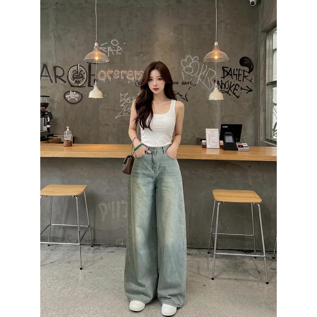 Quần jeans nữ Ống suông vải Qc chất mềm không co giãn lưng cao Q1729