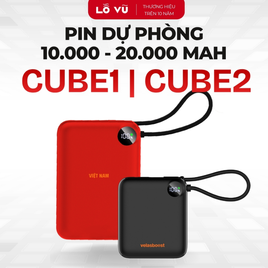 Pin sạc dự phòng 10.000mAh - 20.000 mAh CUBE1 CUBE2 velasboost – Sạc nhanh 22.5W, Tích hợp dây sạc T