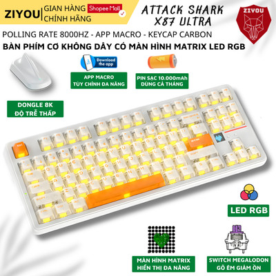 Bàn Phím Cơ Không Dây Ziyou Attack Shark X87 Ultra LED RGB, Dongle 8K, Màn Hình Matrix, Pin 10000mAh