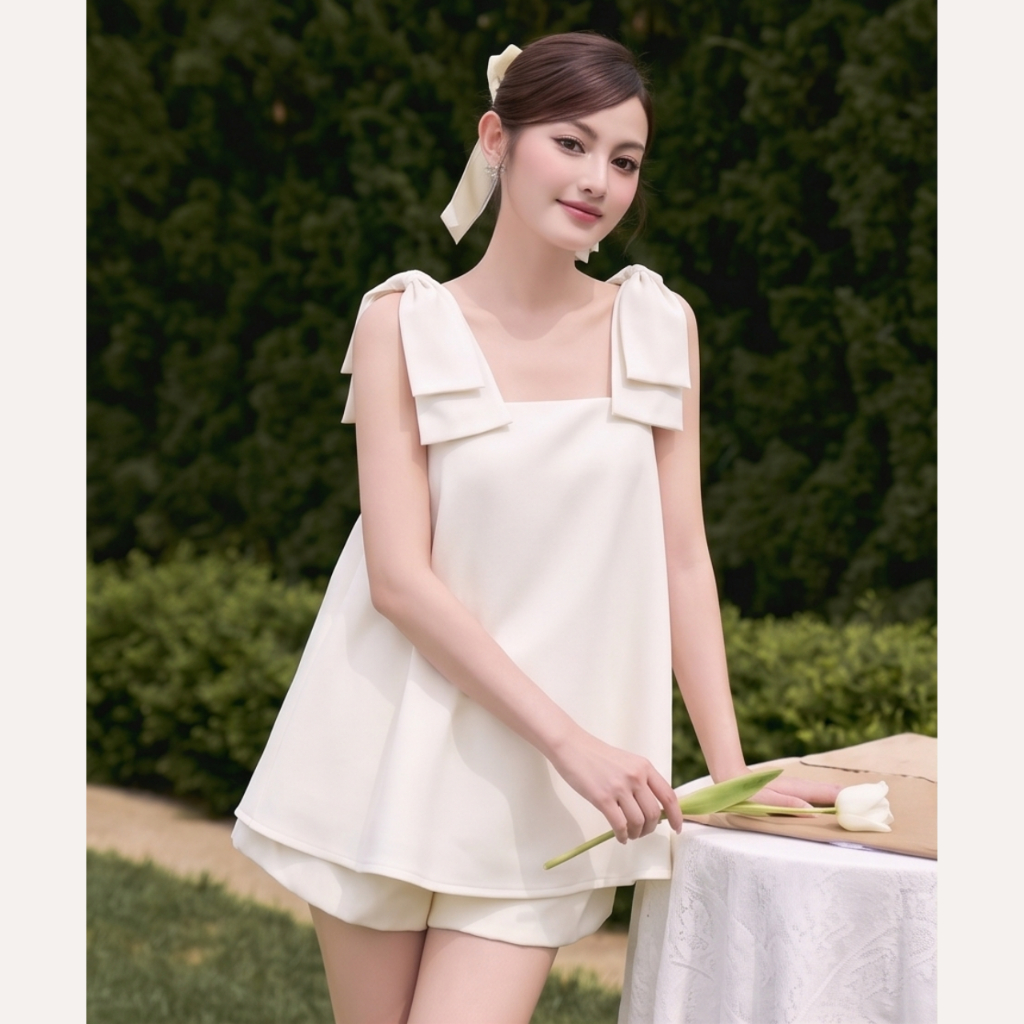 Áo hai dây phối nơ vai tiểu thư, áo kiểu nữ babydoll đi chơi Linly Store A-DN | BigBuy360 - bigbuy360.vn