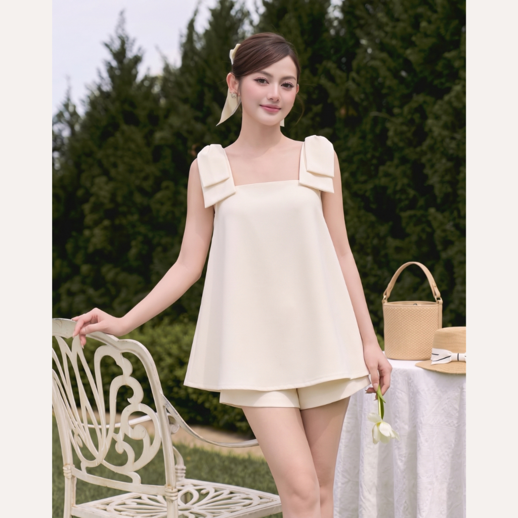 Áo hai dây phối nơ vai tiểu thư, áo kiểu nữ babydoll đi chơi Linly Store A-DN | BigBuy360 - bigbuy360.vn