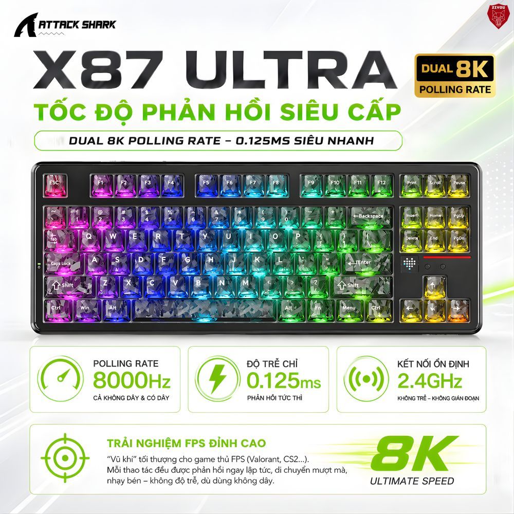Bàn Phím Cơ Không Dây Ziyou Attack Shark X87 Ultra LED RGB, Dongle 8K, Màn Hình Matrix, Pin 10000mAh | BigBuy360 - bigbuy360.vn