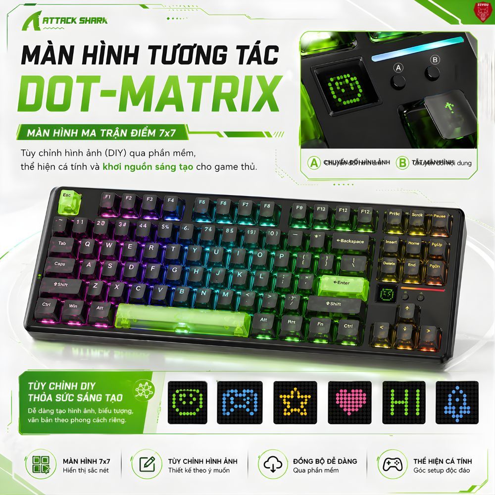Bàn Phím Cơ Không Dây Ziyou Attack Shark X87 Ultra LED RGB, Dongle 8K, Màn Hình Matrix, Pin 10000mAh | BigBuy360 - bigbuy360.vn