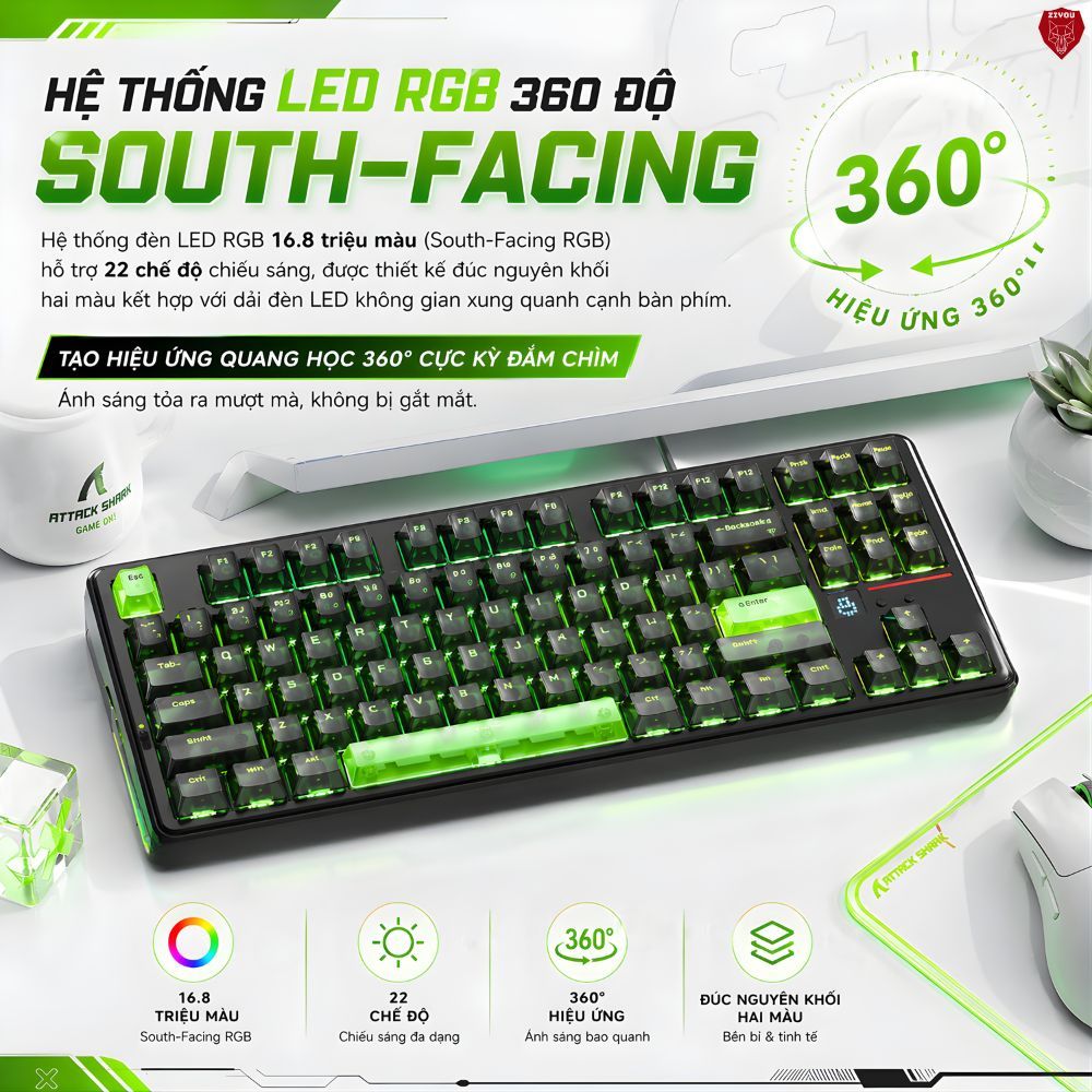 Bàn Phím Cơ Không Dây Ziyou Attack Shark X87 Ultra LED RGB, Dongle 8K, Màn Hình Matrix, Pin 10000mAh | BigBuy360 - bigbuy360.vn