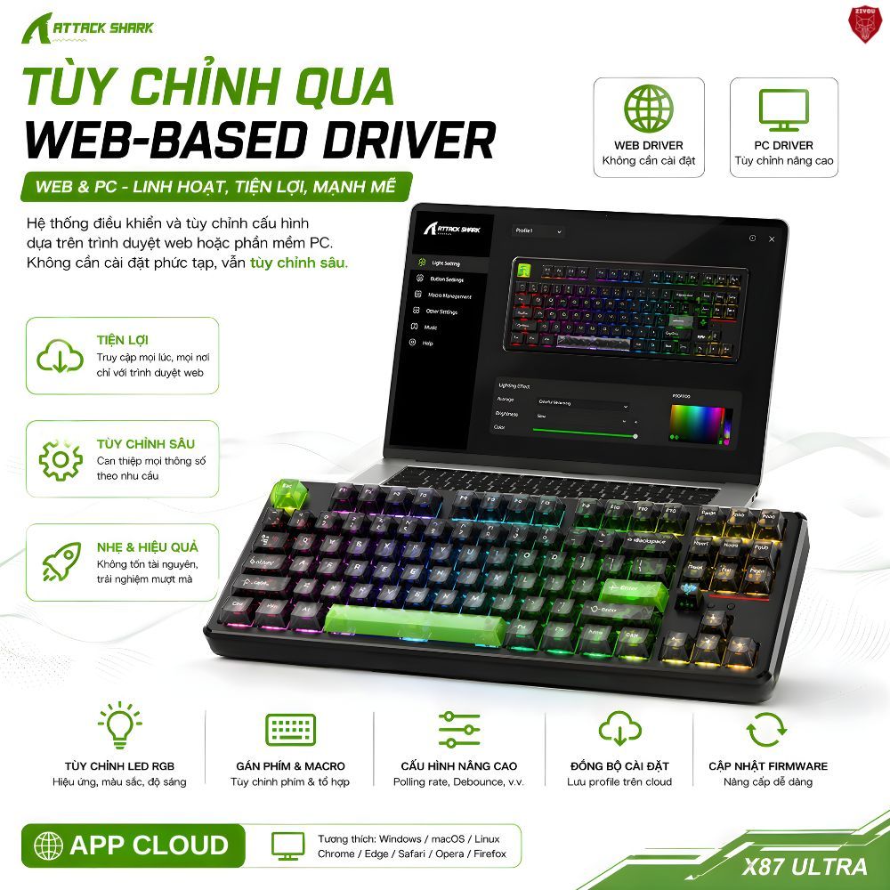 Bàn Phím Cơ Không Dây Ziyou Attack Shark X87 Ultra LED RGB, Dongle 8K, Màn Hình Matrix, Pin 10000mAh | BigBuy360 - bigbuy360.vn