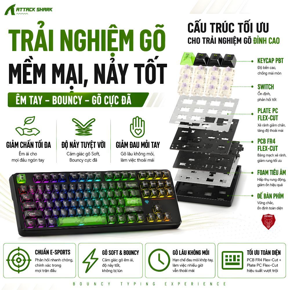 Bàn Phím Cơ Không Dây Ziyou Attack Shark X87 Ultra LED RGB, Dongle 8K, Màn Hình Matrix, Pin 10000mAh | BigBuy360 - bigbuy360.vn