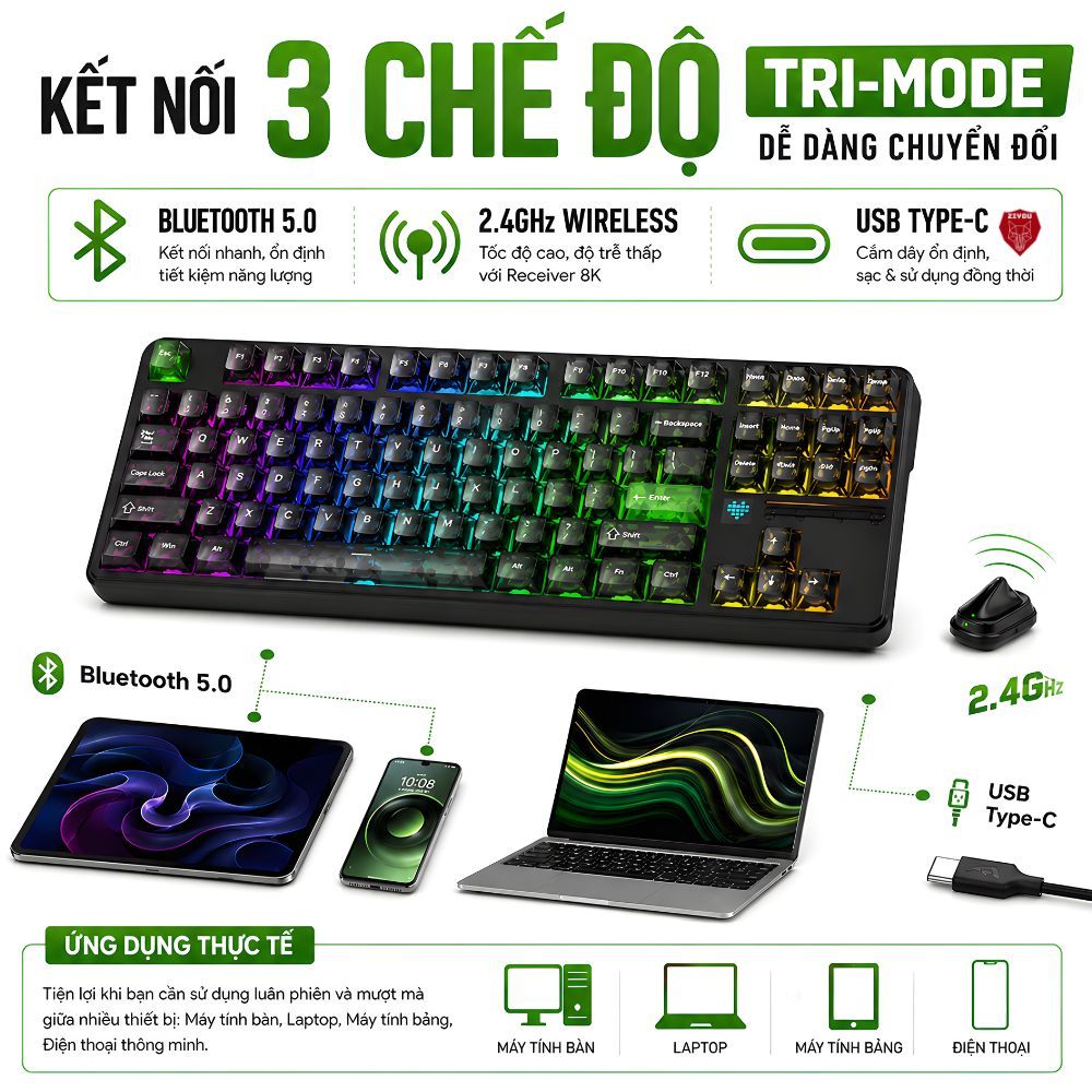 Bàn Phím Cơ Không Dây Ziyou Attack Shark X87 Ultra LED RGB, Dongle 8K, Màn Hình Matrix, Pin 10000mAh | BigBuy360 - bigbuy360.vn