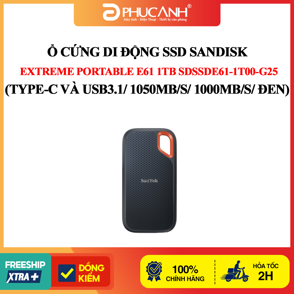 Ổ cứng di động SSD Sandisk Extreme Portable E61 1Tb SDSSDE61-1T00-G25 (Type-C và USB3.1/ 1050MB/s/ 1