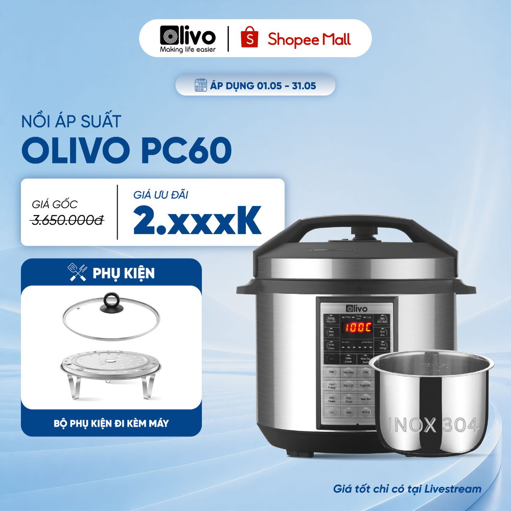 Nồi Áp Suất Điện OLIVO PC60 Lòng INOX 304 – Nồi Hầm, Kho, Xào, Nấu Lẩu, Ninh nhừ – Dung Tích 6L