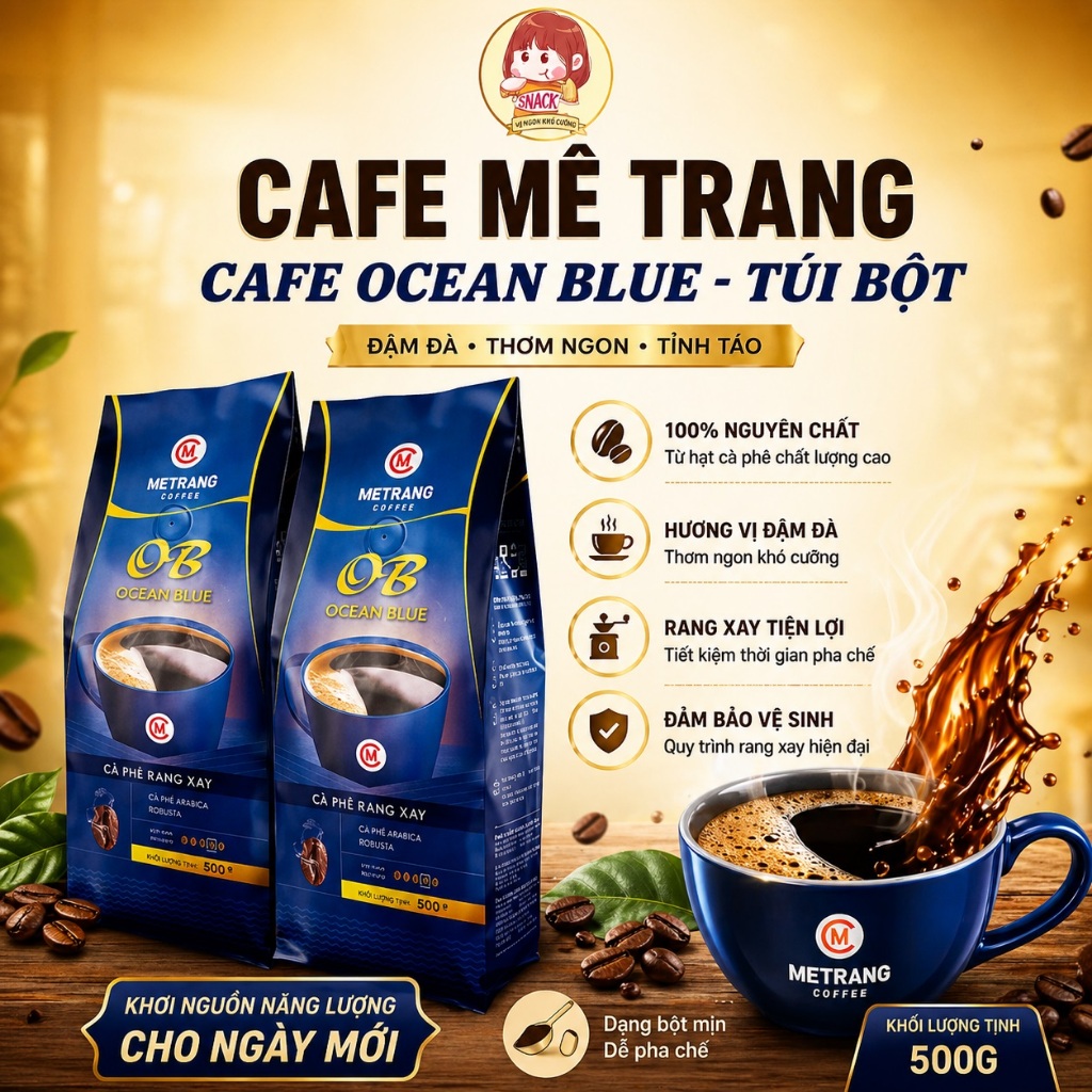 METRANG Cà phê Ocean Blue bột -túi 500g (Ocean Blue Ground coffee)-đậm đà, thơm nồng, vị đắng dịu.