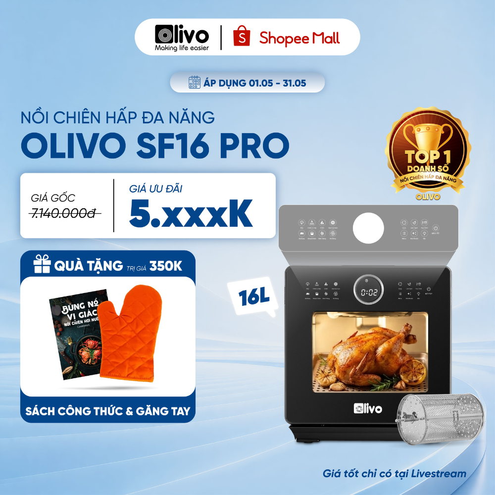 Nồi Chiên Hơi Nước Olivo SF16 PRO 2025 - Dung Tích 16L, Titanium, 56 Chức Năng