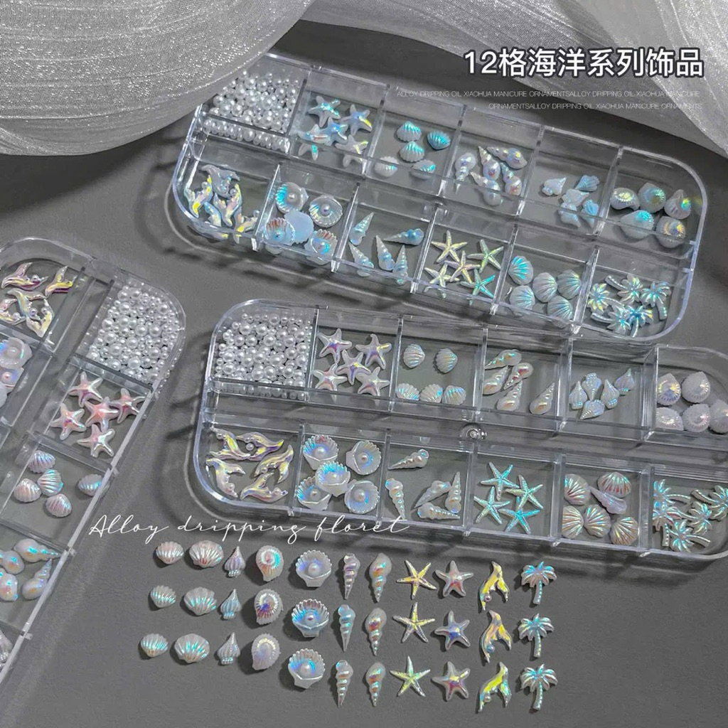[Ciina.store] Set Phụ Kiện Nail 12 Ngăn Chủ Đề Đại Dương – Hiệu Ứng Ánh Trai Aurora