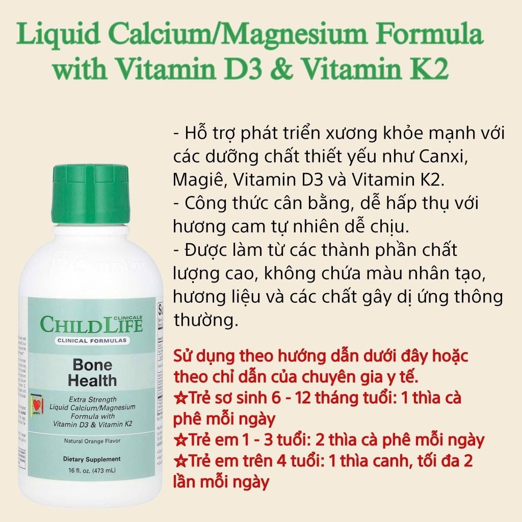 (Bill Mỹ ib) [Bản Extra] TPBVSK Childlife - Liquid Calcium With Magnesium Bone Health, hàm lượng cao