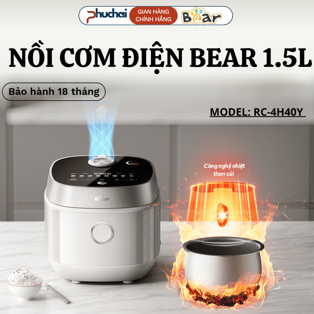 Nồi Cơm Bear RC-4H40Y 1.5L Công Nghệ NTC Kép, Điều Khiển Cảm Ứng, Nấu Nhanh, Tiết Kiệm Điện - Điện M