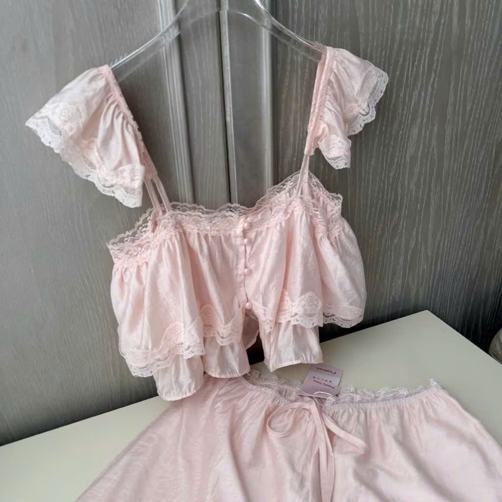 SÉT BỘ MẶC NHÀ NỮ REN BÈO CAO CẤP-ĐỒ NGỦ 2 DÂY TIỂU THƯ BÁNH BÈO