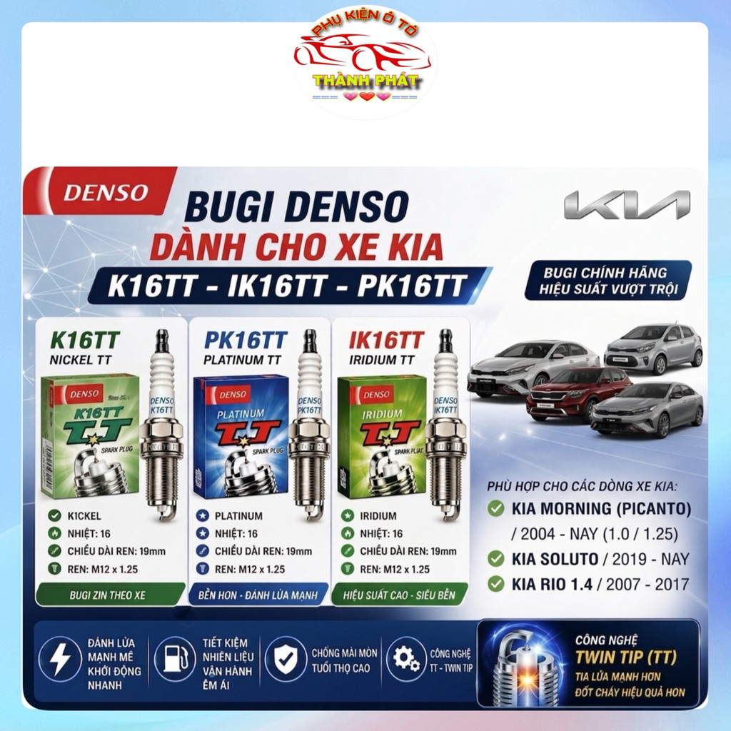 Bộ 4 Bugi Denso Chính Hãng Cho Kia Morning Soluto Và Rio 1.4 2007-2017 Mã K16TT PK16TT IK16TT
