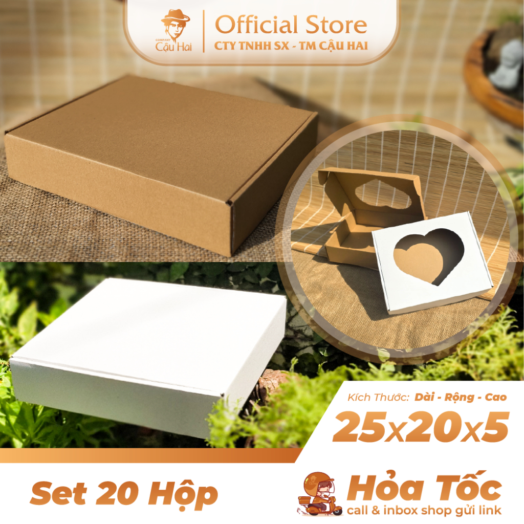Set 20 hộp carton nắp GÀI 25x20x5 - 25x20x6 Hộp Trái Tim
