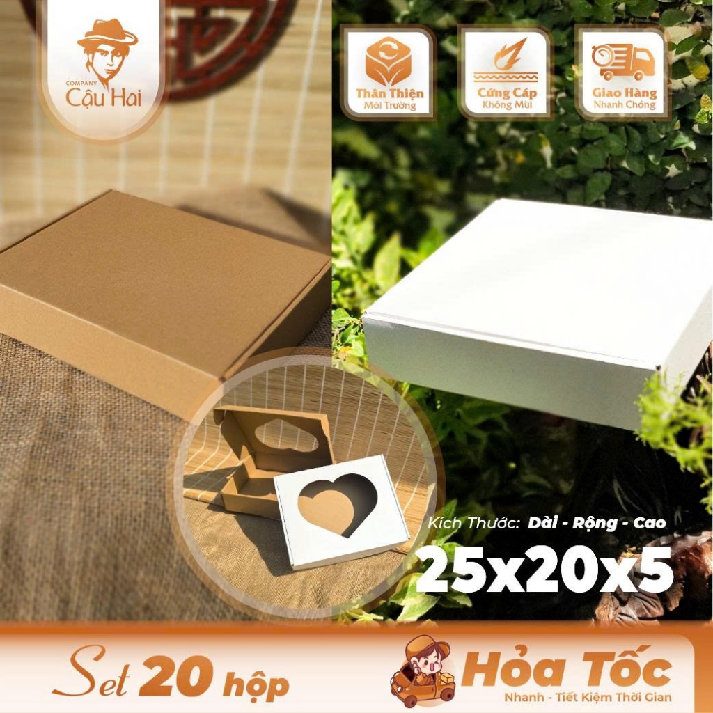 Set 20 hộp carton nắp GÀI 25x20x5- 25x20x6 Hộp Trái Tim