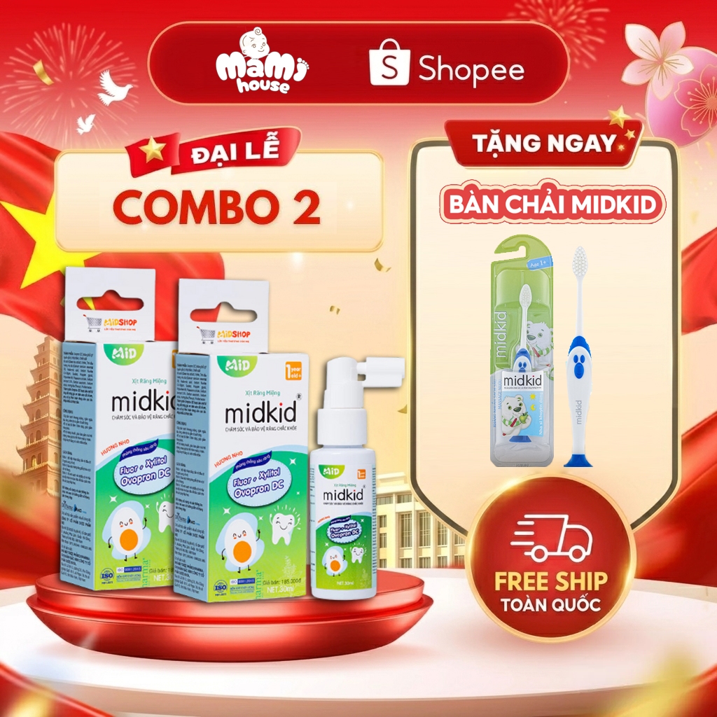 [COMBO 2] hộp Xịt chống sâu răng Midkid vị nho 30ml cho bé từ 1 tuổi giúp làm sạch, ngăn ngừa ố vàng