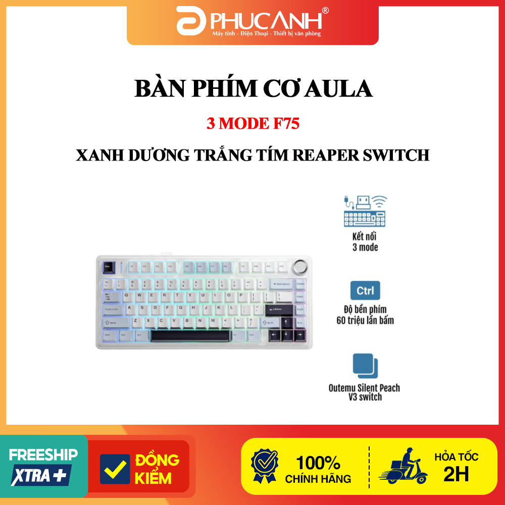 Bàn phím cơ Aula F75 xanh dương trắng tím đậm Outemu Silent Peach V3 switch