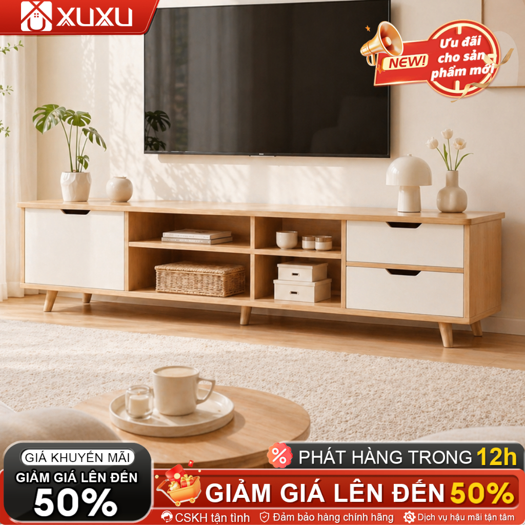 Kệ Tivi Gỗ MDF Cao Cấp Để Sàn Có Ngăn Kéo Phong Cách Bắc Âu Hiện Đại - Dài 120cm/140cm/160cm