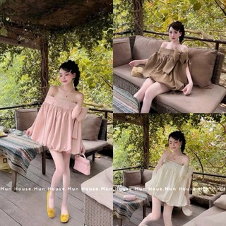 Áo Váy trễ vai đinh nơ bông dáng bầu bí sang chảnh KAZY V412