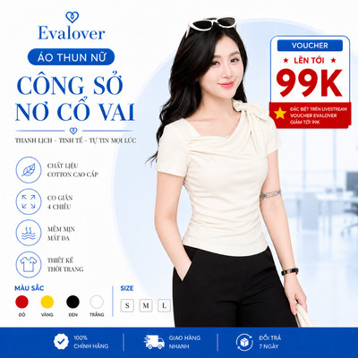 Áo Thun Nữ Công Sở Nơ Cổ Vai, Nhún Sườn Mã 275 Evalover
