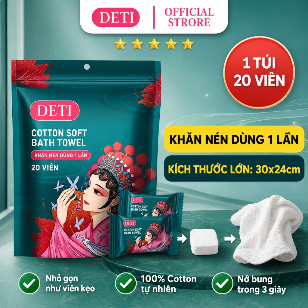 Khăn Giấy Nén Rửa Mặt Dạng Viên Kẹo Túi 20 Viên, Khăn Nén Ướt Dạng Viên, Khăn Mặt Nén, Khăn Lau Mặt Dùng 1 Lần