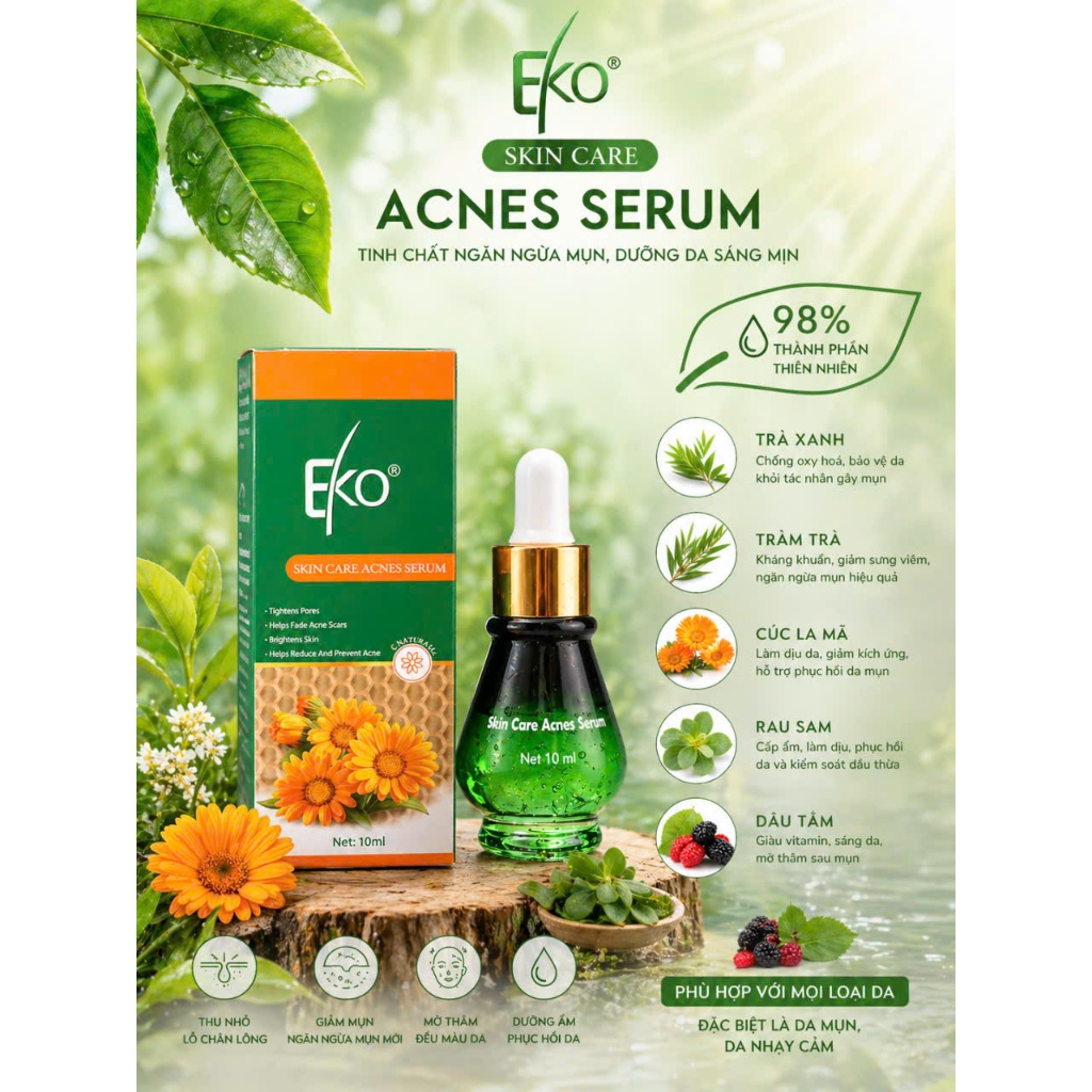 Serum ngừa mụn, làm mờ thâm mụn, se khít lỗ chân lông, dưỡng sáng da EKO 10ml