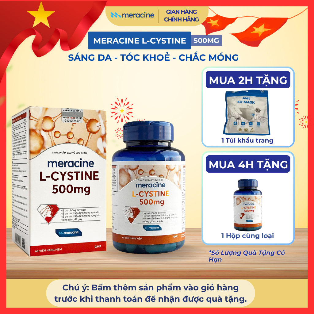 Viên Uống Meracine L-Cystine 500mg Giúp Sáng Da, hỗ trợ giảm nám, giảm mụn, rụng tóc, giảm gãy móng 