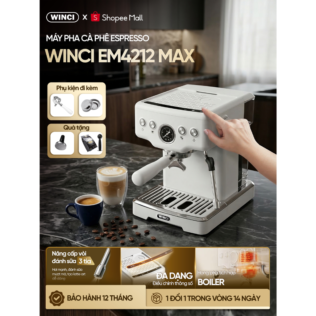 Máy pha cà phê Winci EM4212 Max, Công nghệ mới, Tay cầm 58mm, Bảo hành 12 tháng