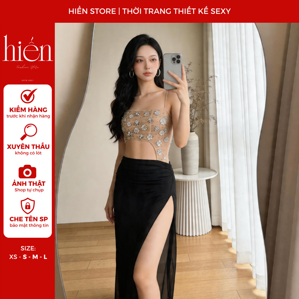 Váy dự tiệc xuyên thấu đính phối pha lê, váy đầm nữ xuyên thấu sang chảnh quyến rũ đi bar tiệc sexy 